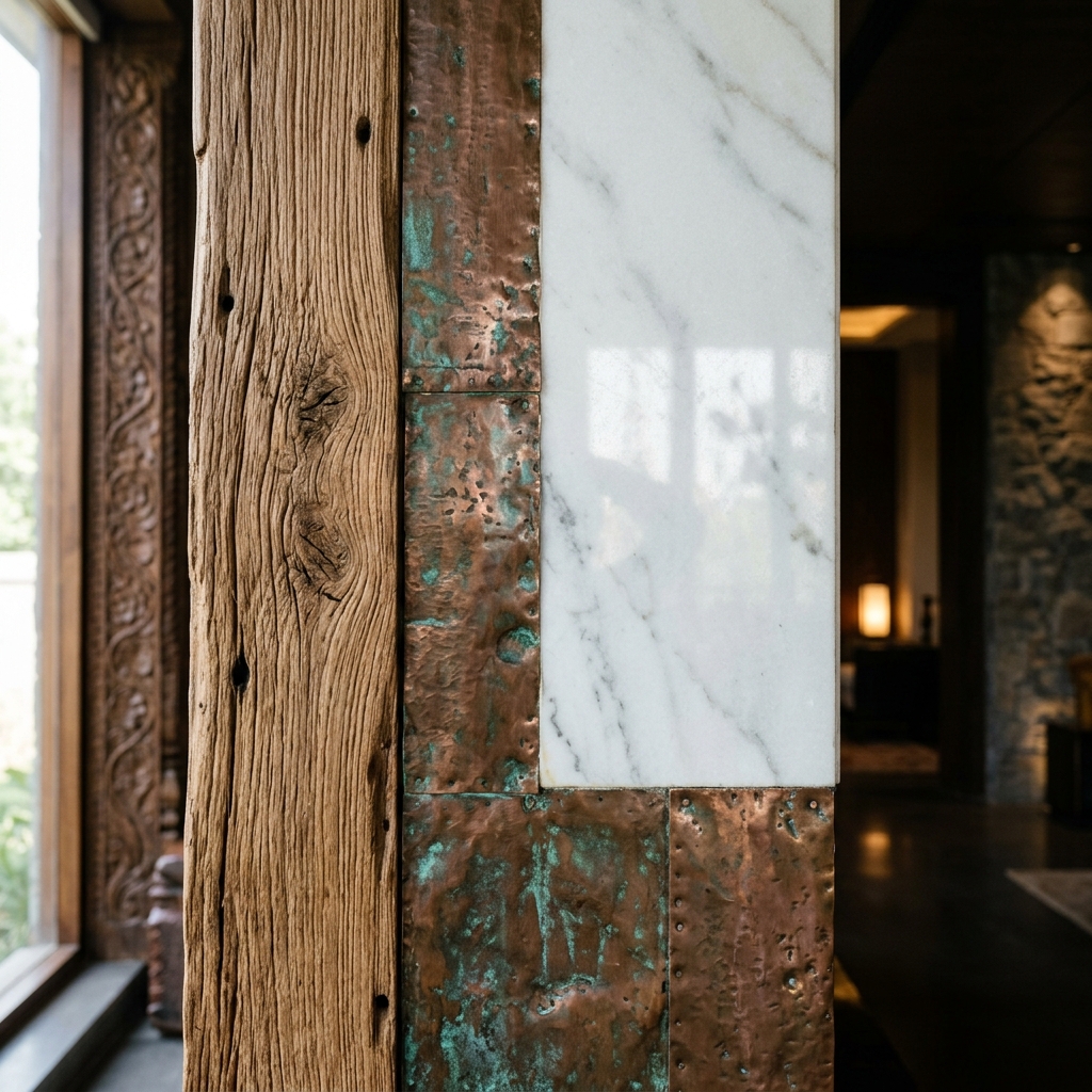 Designer's hands working at a material sample board — swatches of fabric, stone chips, paint dabs, pencil sketches